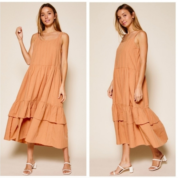 Monique Square Neck One Inch Straps Double Ruffle Midi Dress Size Medium W-640 - Picture 1 of 5